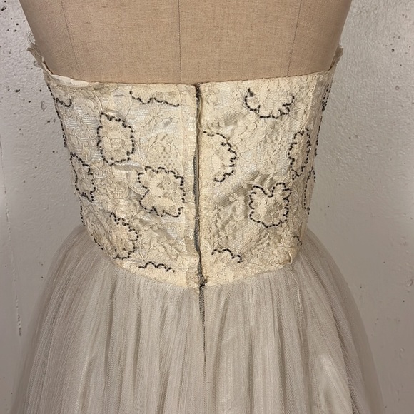 Vintage 50s Accordion Pleat Midi Dress Lace & Beaded Ruffle Medium - Picture 6 of 9